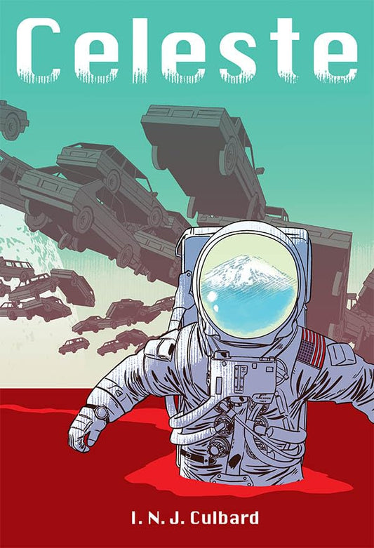 Book cover featuring an astronaut in red liquid with floating cars and a mountain.