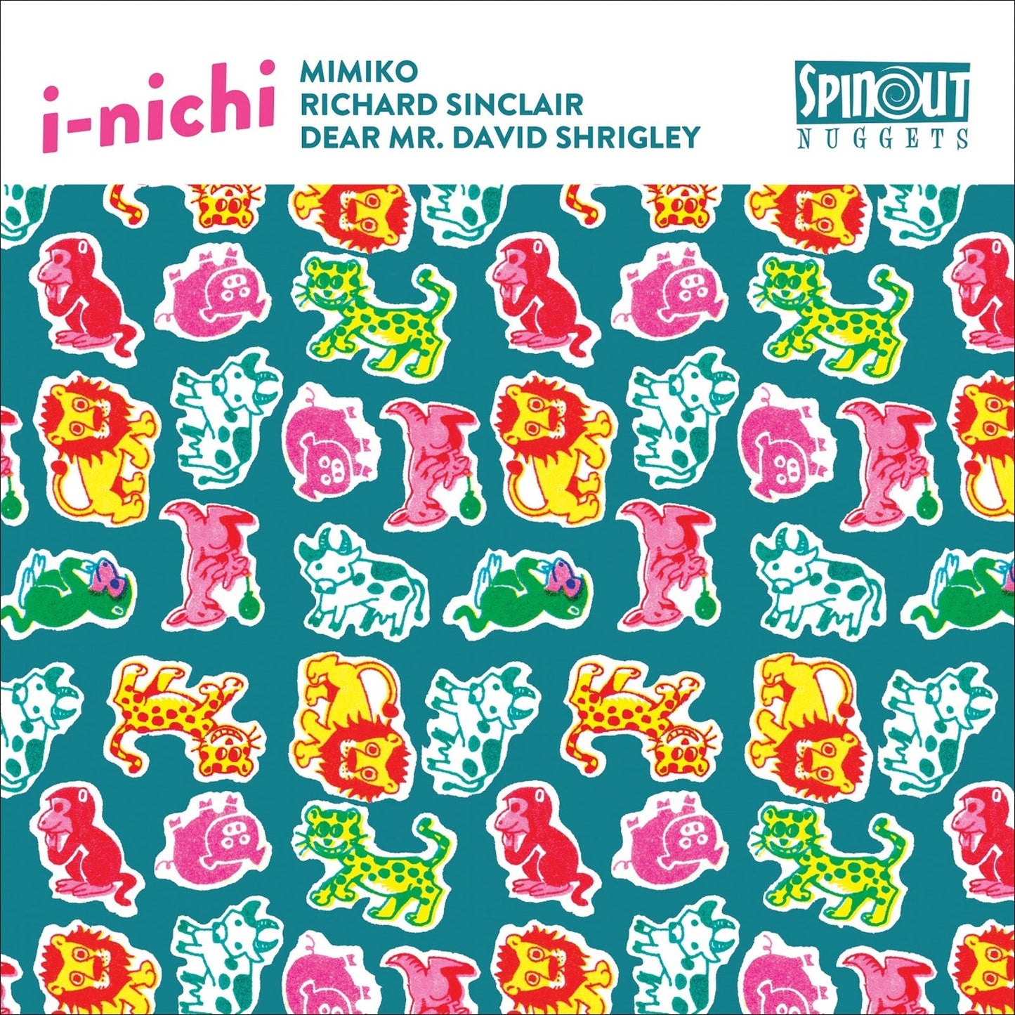 Vinyl record cover with repeating pattern of colorful cartoon animals.