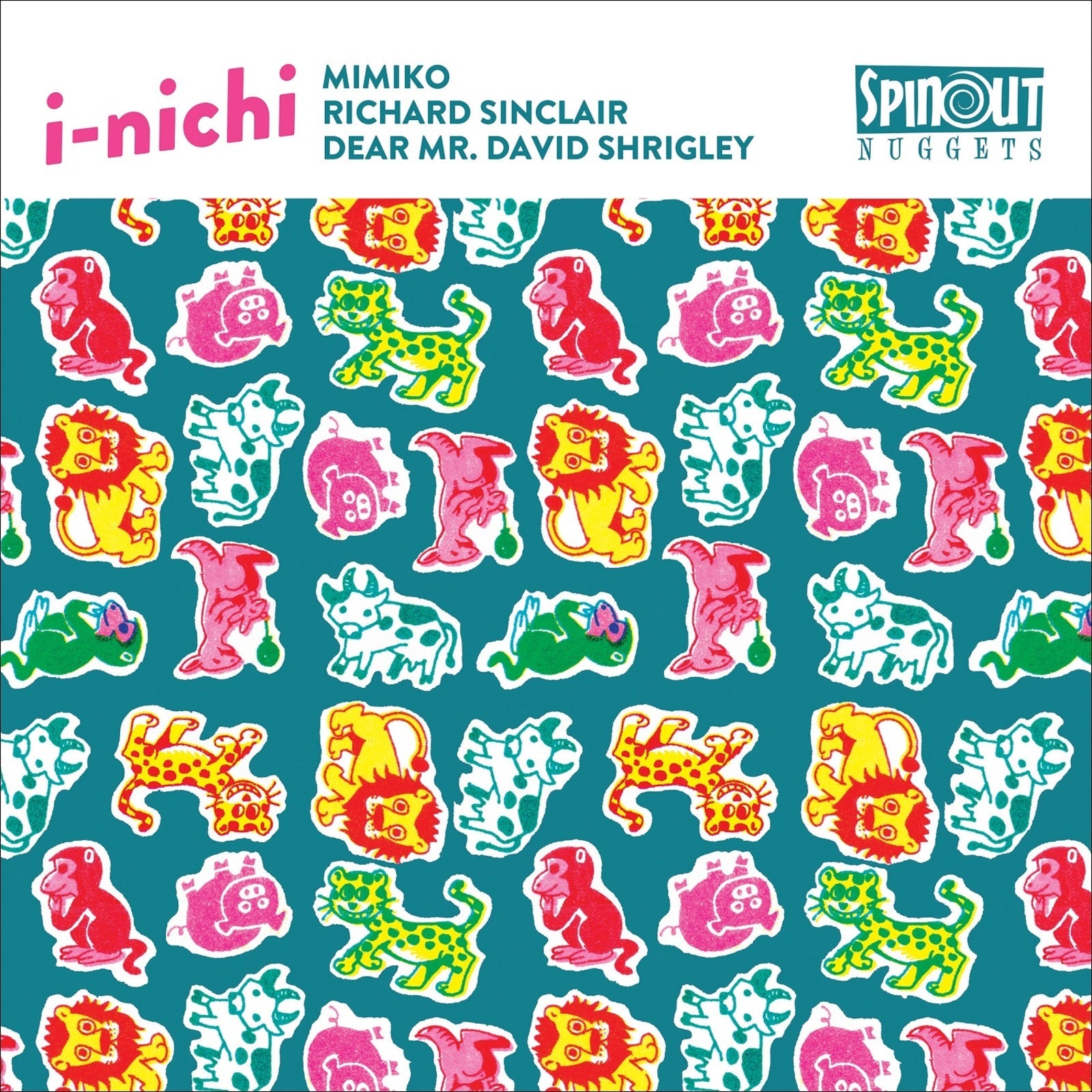 Vinyl record cover with repeating pattern of colorful cartoon animals.