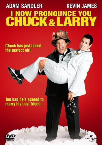 Kevin James in a firefighter helmet carries Adam Sandler in a white tuxedo.