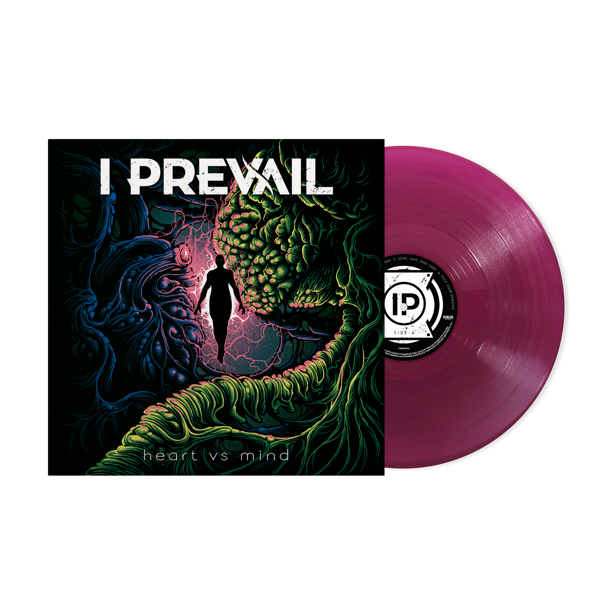 I Prevail Heart Vs Mind album cover art next to a magenta vinyl record.
