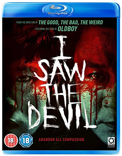 Blu-ray cover for "I Saw The Devil" with blood-splattered text and face.