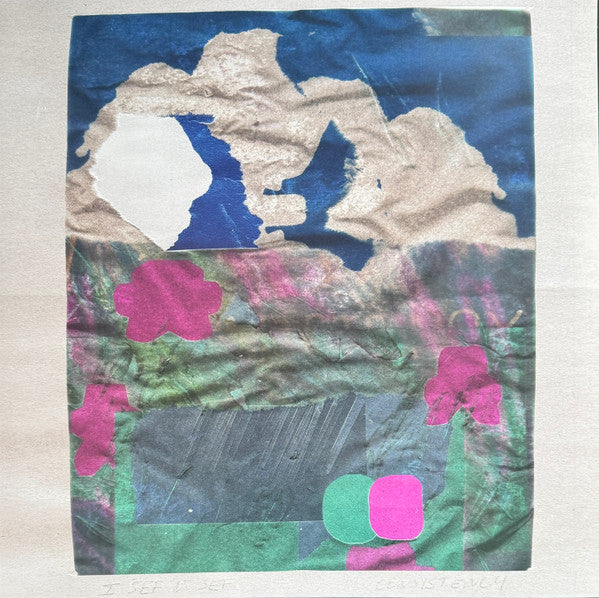 Abstract collage with pink, green, blue, and grey shapes on textured paper.