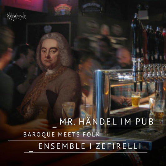 CD cover: portrait of Handel at a pub with beer taps.