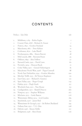 Book contents page listing British by-elections from 1769-2025 with dates and authors.