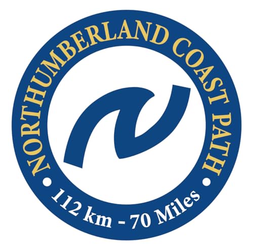 Circular blue logo for Northumberland Coast Path with a stylized N and distance information.