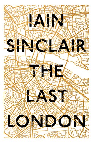 Book cover with black text over a gold-colored street map of London.