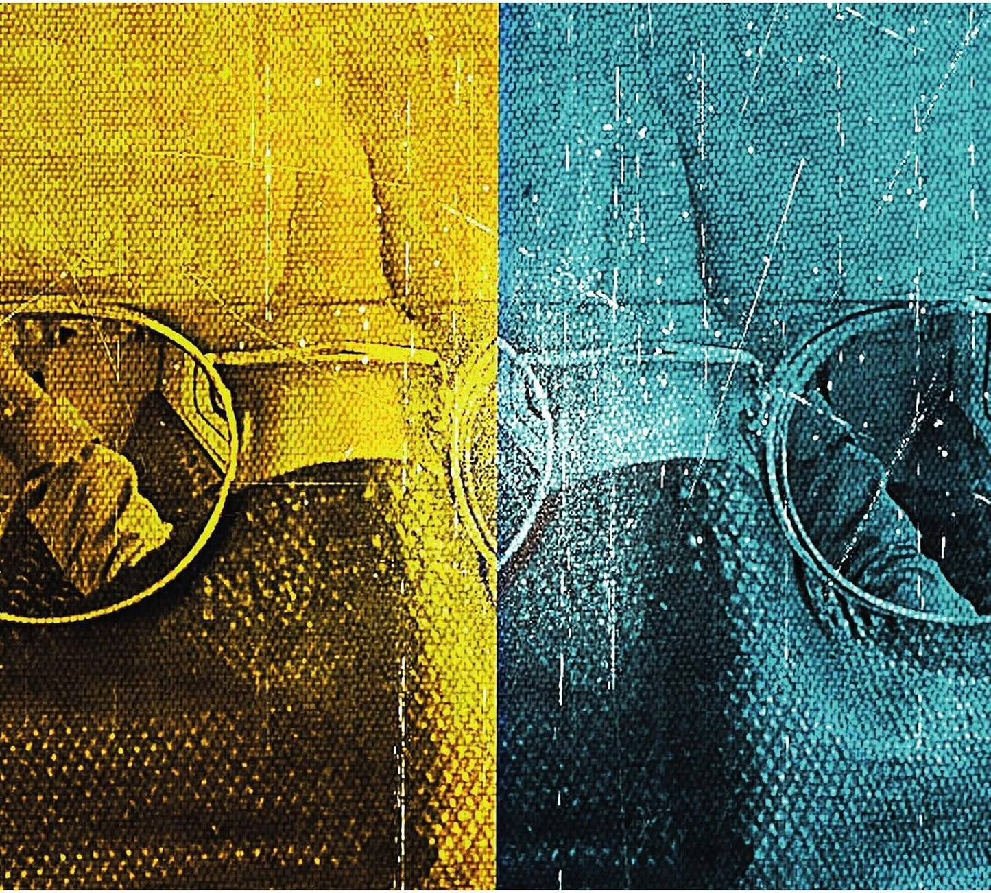 CD cover with split yellow and blue textured image of eyeglasses.