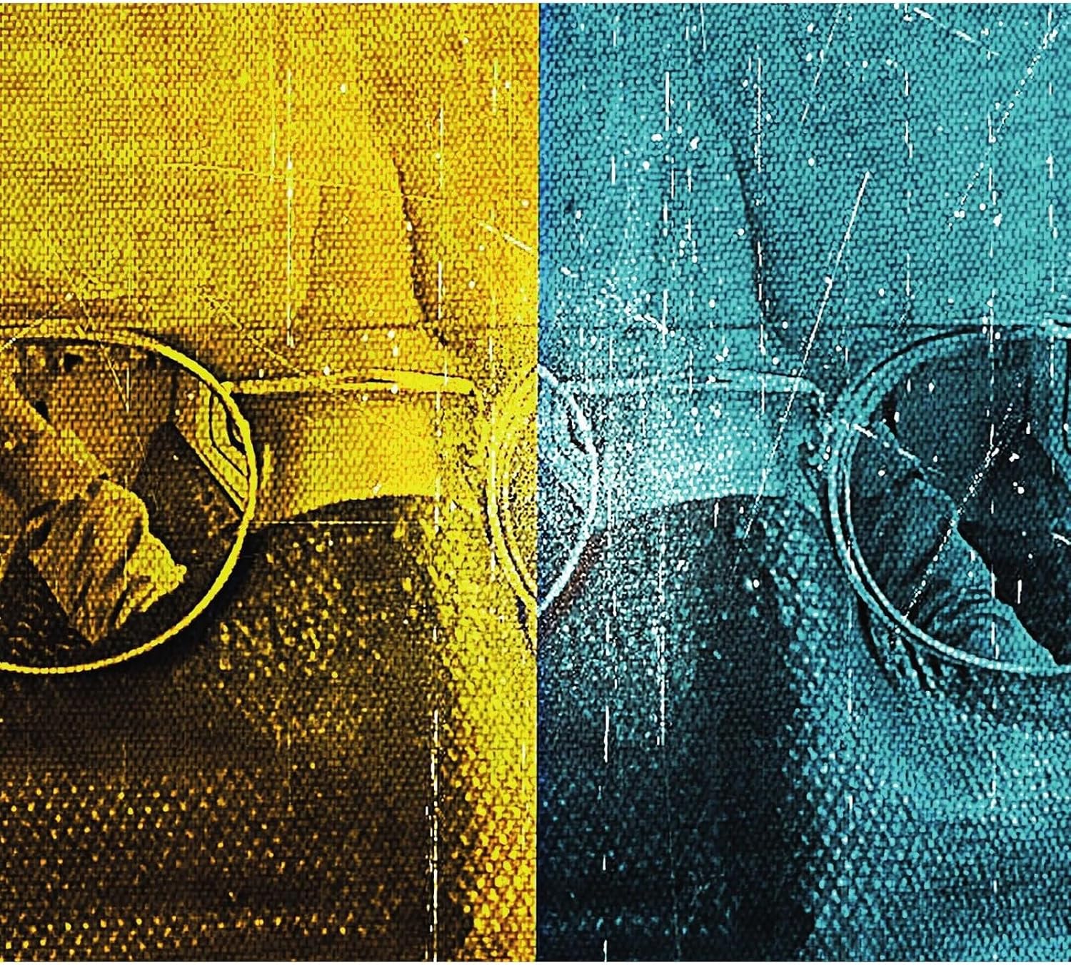 CD cover with split yellow and blue textured image of eyeglasses.