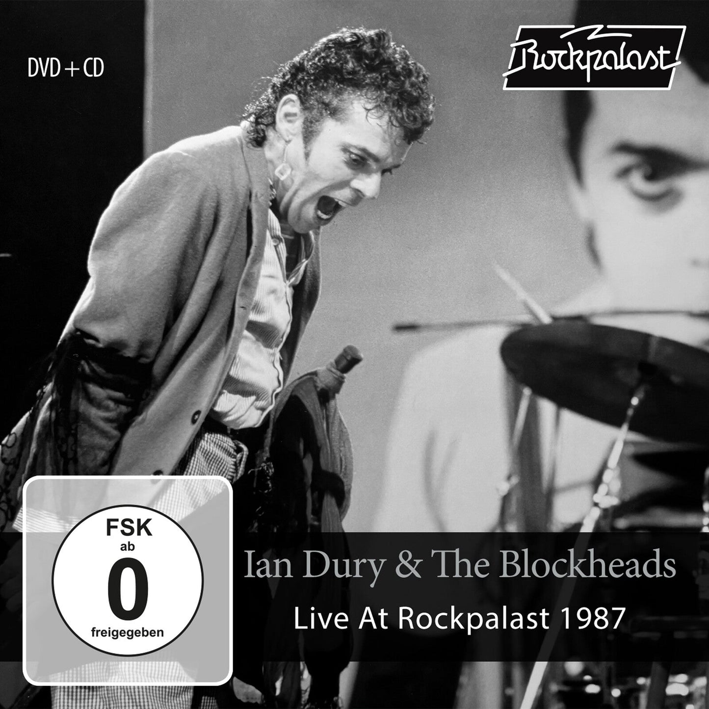 Black and white album cover of Ian Dury singing live at Rockpalast.