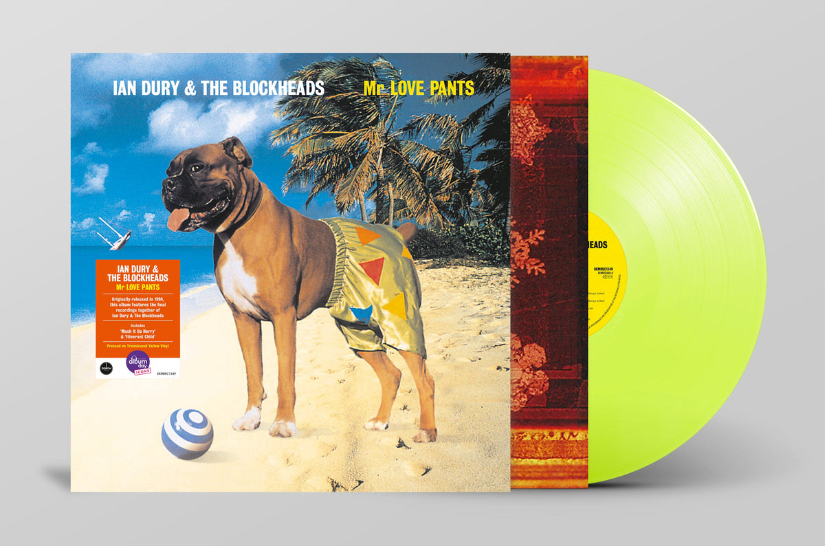 Ian Dury album cover with a dog in pants, alongside a yellow vinyl record.