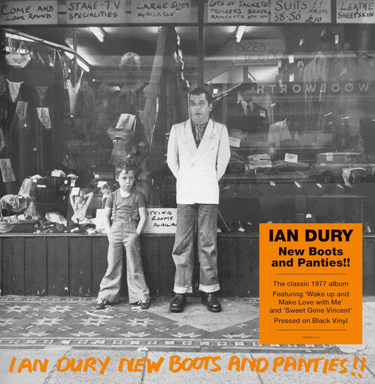 Black and white photo of man and boy outside clothing store with orange text overlay.