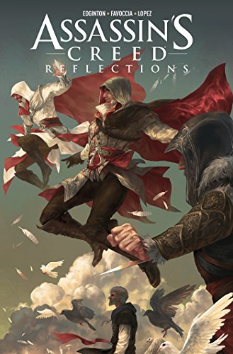 Cover art for Assassin's Creed Reflections featuring multiple hooded assassins leaping amidst white feathers.