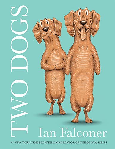 Book cover featuring two illustrated, upright brown dogs on teal background.
