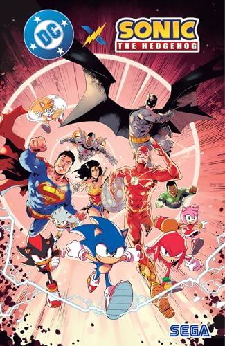 Comic book cover featuring DC superheroes and Sonic the Hedgehog characters running together.