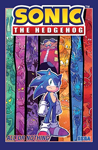 Sonic stands in front of vertical color panels featuring various characters from the series.