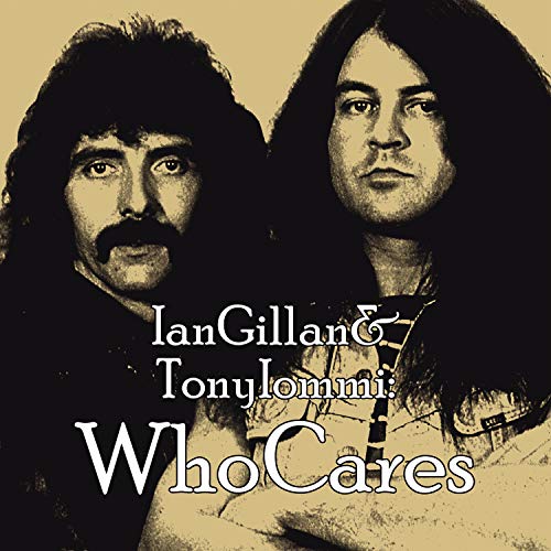 Sepia-toned portrait of Ian Gillan and Tony Iommi with the album title WhoCares.