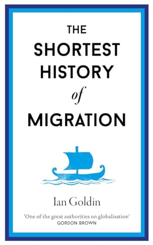 Book cover: "The Shortest History of Migration" with a blue boat illustration.