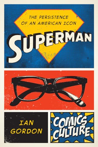 Book cover: "Superman" title over blue and red, with glasses below.