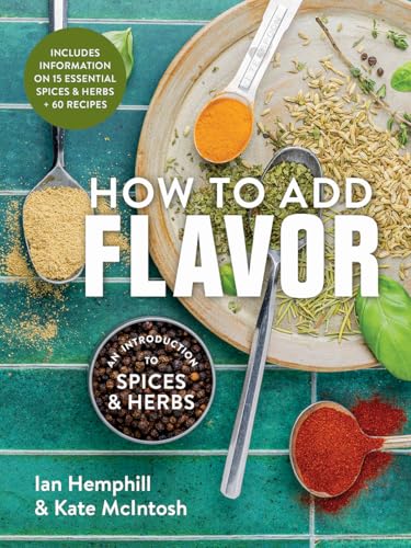 Book cover featuring spoons of spices and herbs on a teal tiled background.