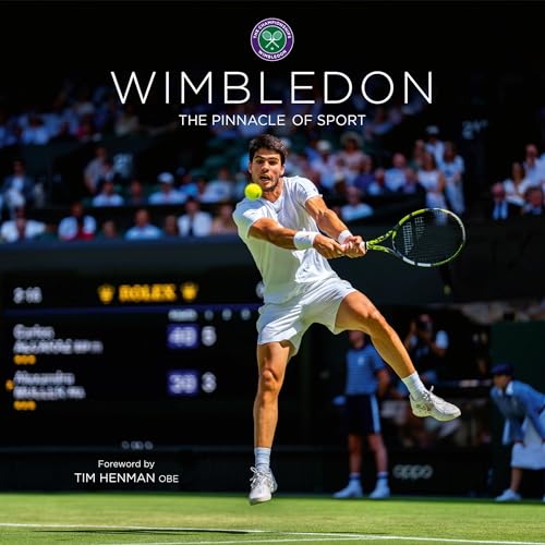 Tennis player mid-swing on a grass court, Wimbledon stadium background.