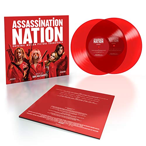 Assassination Nation soundtrack vinyl record with red cover, red discs, and tracklist back cover.