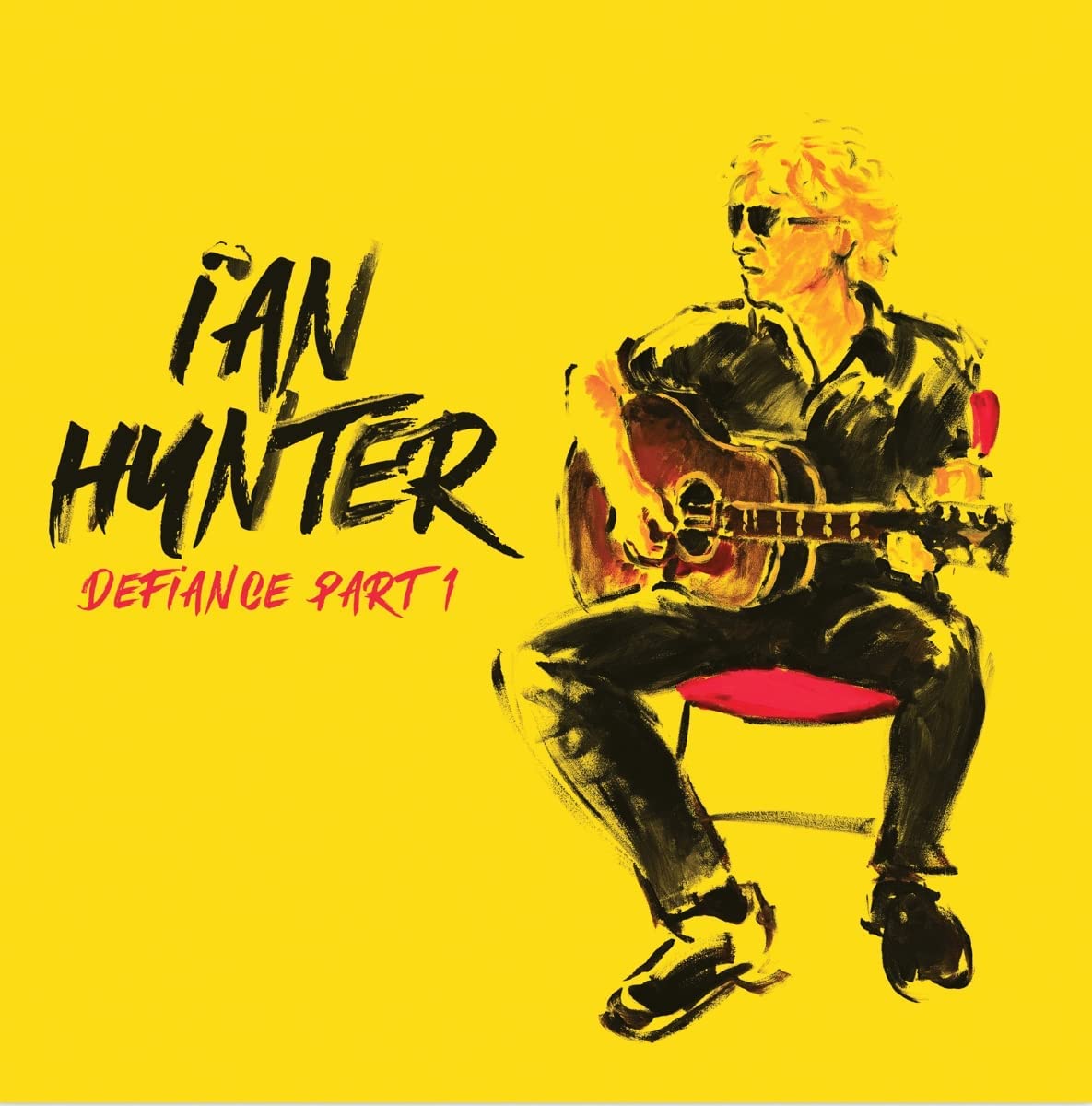Painted portrait of Ian Hunter seated, playing an acoustic guitar.