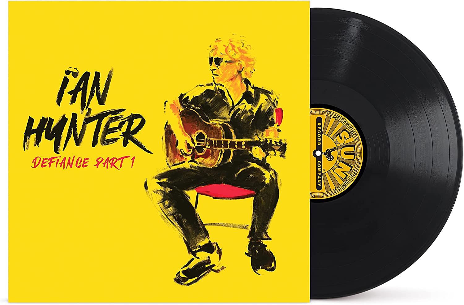 "Vinyl record with yellow album cover featuring Ian Hunter illustration and black vinyl."