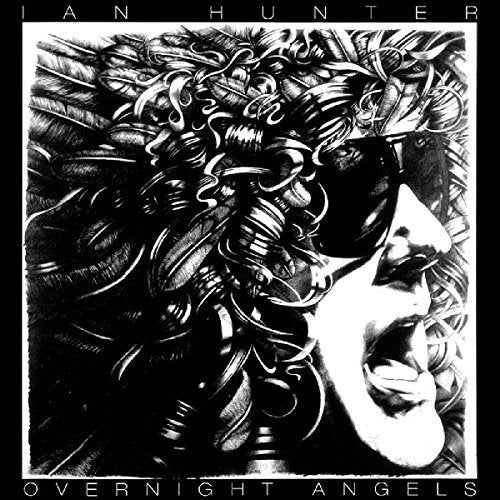 Black and white album cover with abstract illustration and text "IAN HUNTER" and "OVERNIGHT ANGELS".