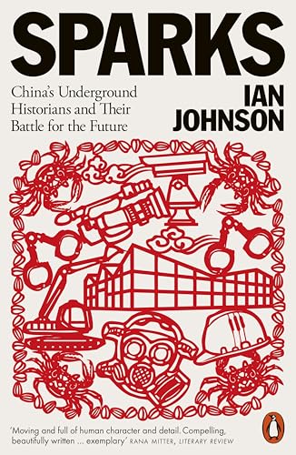 Book cover for Sparks by Ian Johnson featuring red paper-cut style illustrations of surveillance.