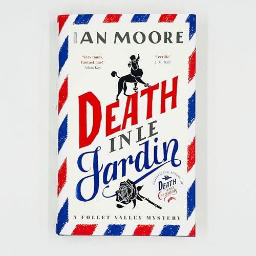 Book cover: “Death in le Jardin” with a dog and rose illustration.