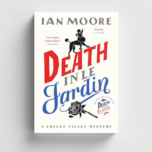 Book cover: “Death in le Jardin” with a poodle, rose, and text.