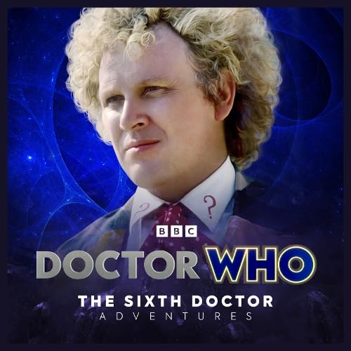 Sixth Doctor portrait with swirling blue nebula and "Doctor Who" logo.