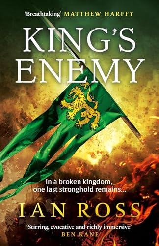 Book cover featuring a green flag with a gold lion emblem against fiery background.