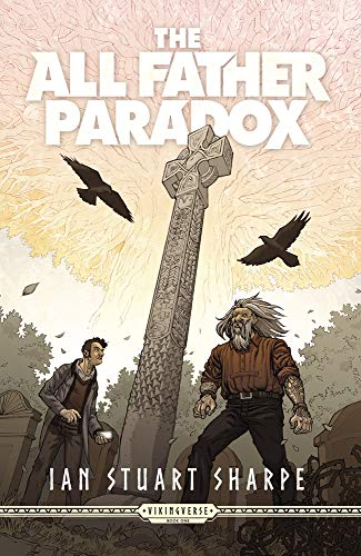 Book cover: stone cross, two men, and ravens in a graveyard.