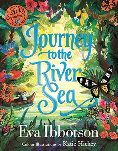 Book cover: “Journey to the River Sea” with jungle imagery and a boat.