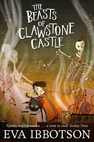 Book cover: boy, skeleton, ghost, and bird in a spooky castle scene.