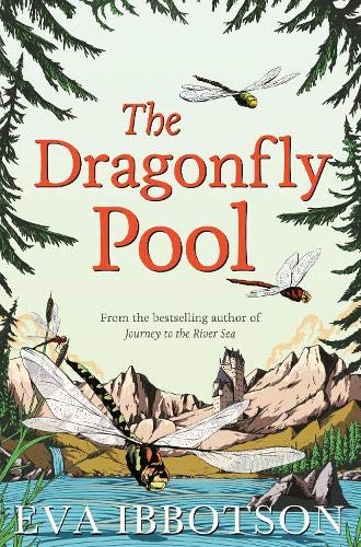 Book cover: “The Dragonfly Pool” with dragonflies and a castle landscape.
