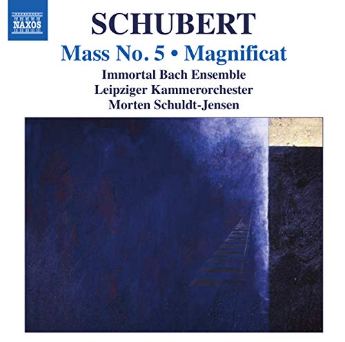 CD cover for Schubert’s Mass No. 5 with abstract blue and gold imagery.
