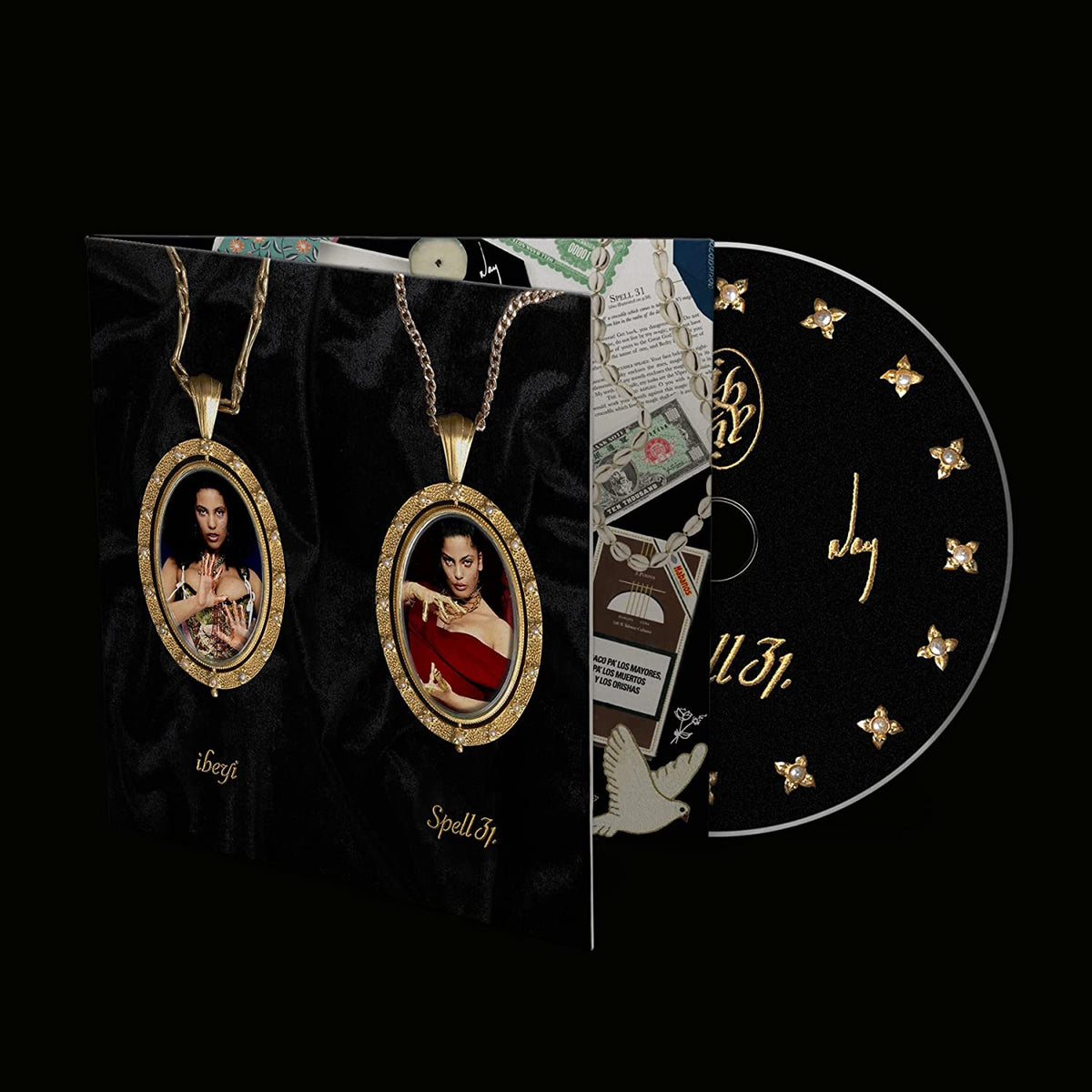 Two gold oval pendants with photos of women on a black velvet background.