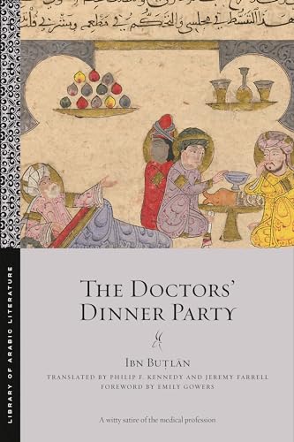Medieval illustration of a dinner party with seated figures and fruit.