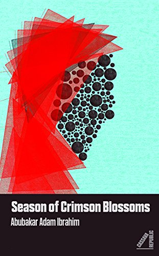 Book cover with abstract red and black shapes, title “Season of Crimson Blossoms”.