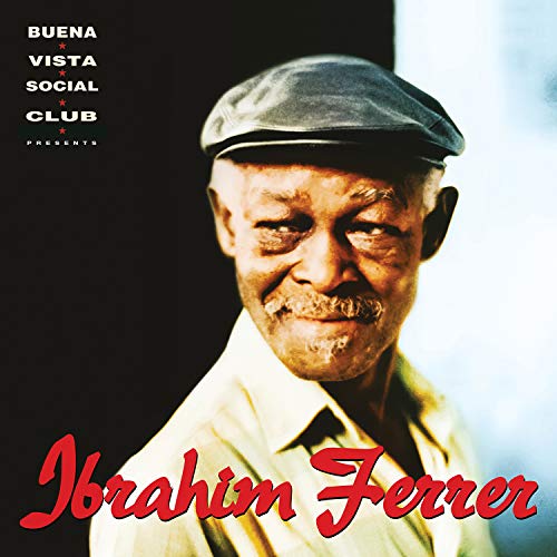 Close-up portrait of Ibrahim Ferrer wearing a cap, album cover.
