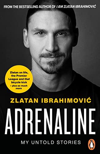 Black and white book cover featuring a portrait of Zlatan Ibrahimović titled Adrenaline.