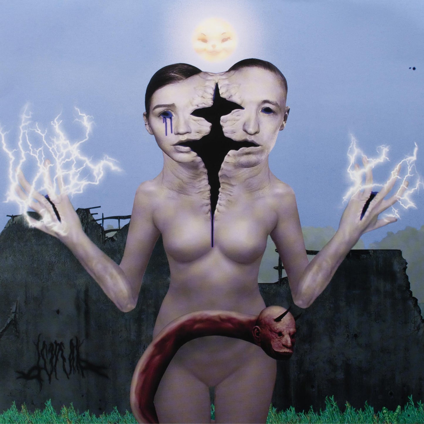 Surreal painting of a split-faced figure with lightning and a snake.