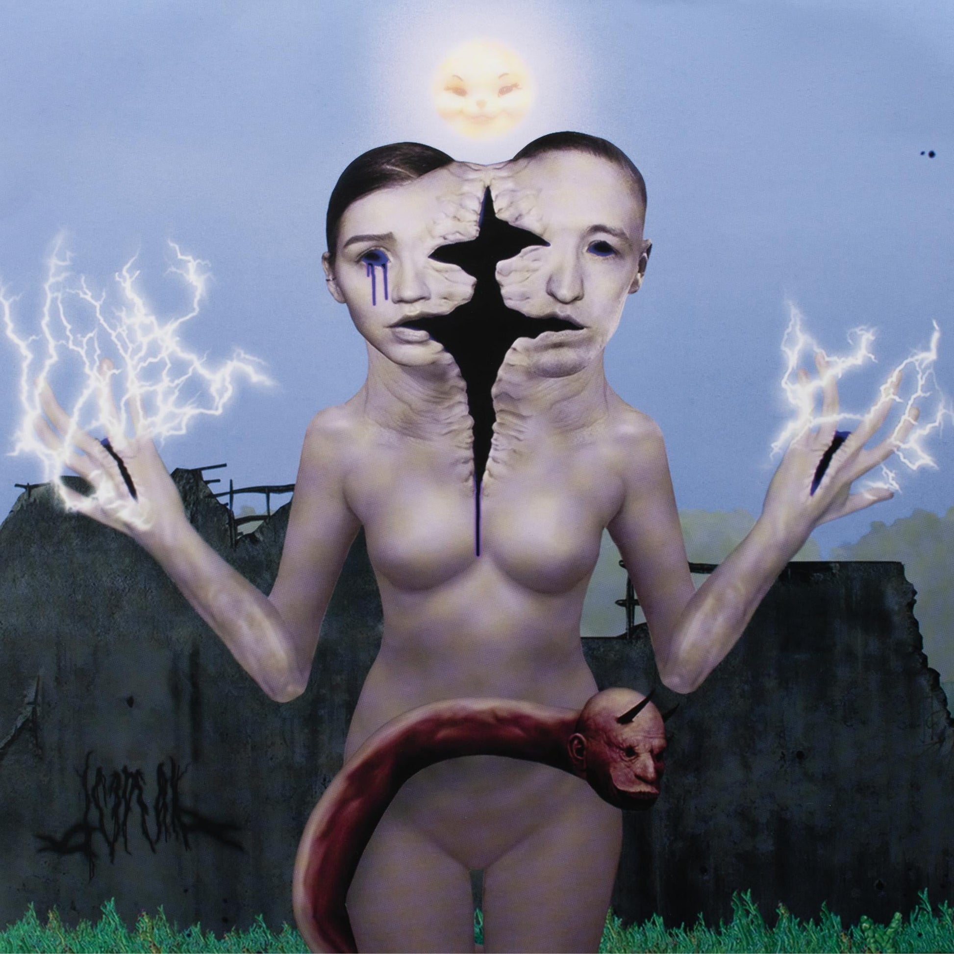 Surreal painting of a split-faced figure with lightning and a snake.