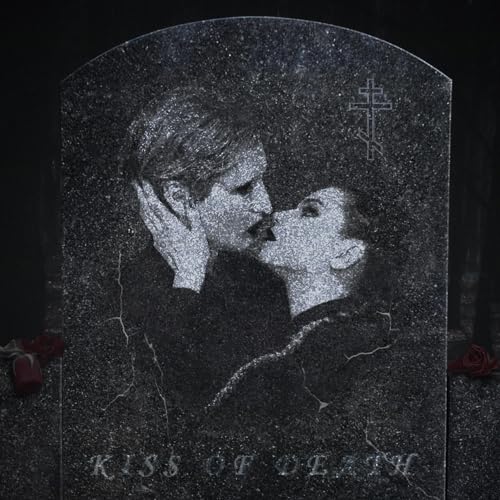 Gothic portrait of a couple kissing, resembling a tombstone engraving.