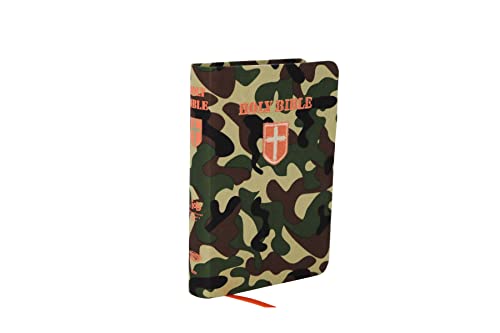 Green camo Bible with a shield emblem and red page marker.