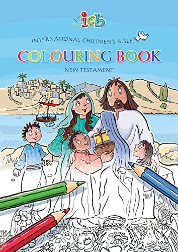 New Testament colouring book cover with Jesus, Mary, children, and pencils.