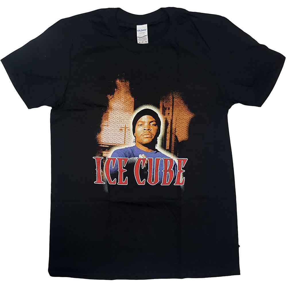 Black t-shirt with a graphic of rapper Ice Cube on the front.
